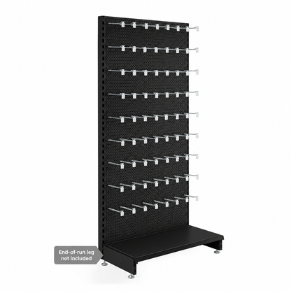 Black perforated panel wall unit with euro hooks and base shelf. End-of-run leg not included.