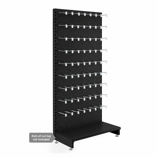 Black perforated panel wall unit with euro hooks and base shelf. End-of-run leg not included.