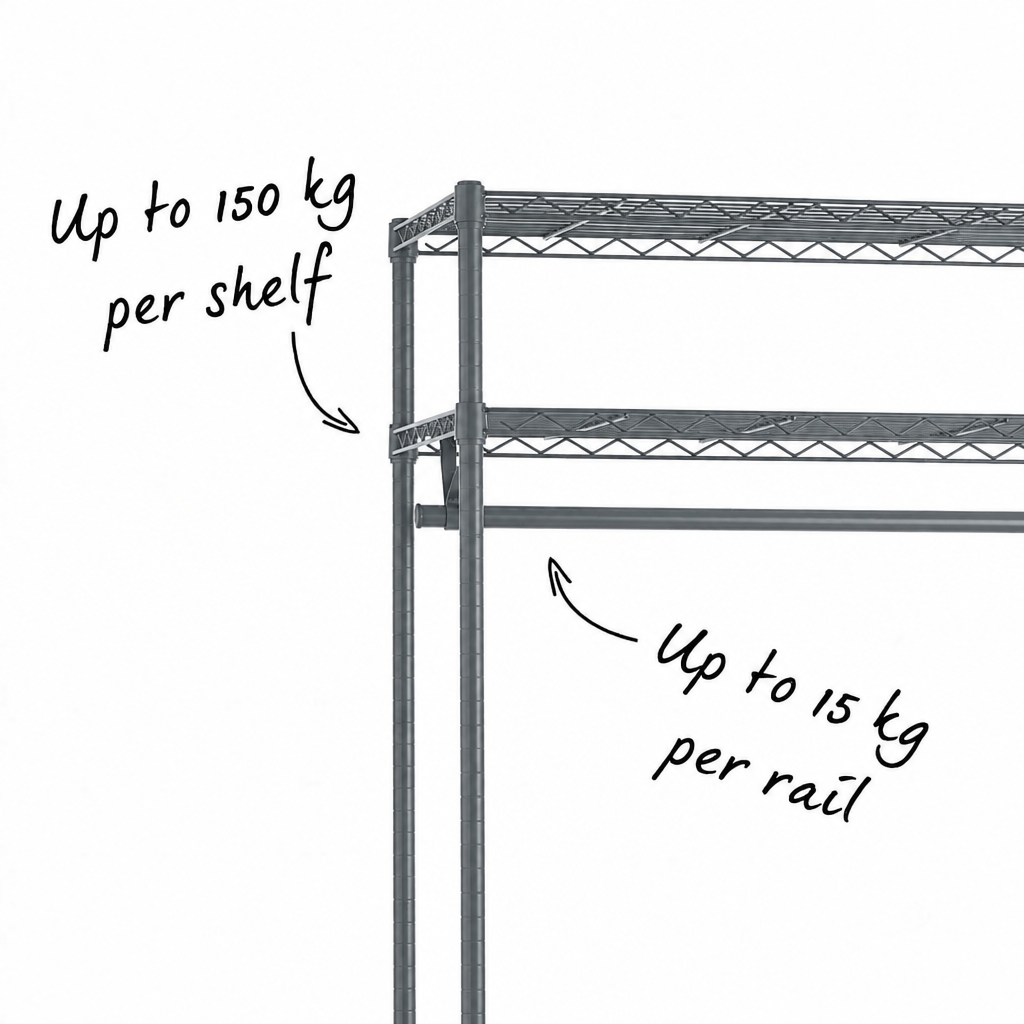 Carbon Grey Wire Clothes Rack hanging rail rated 15kg UDL