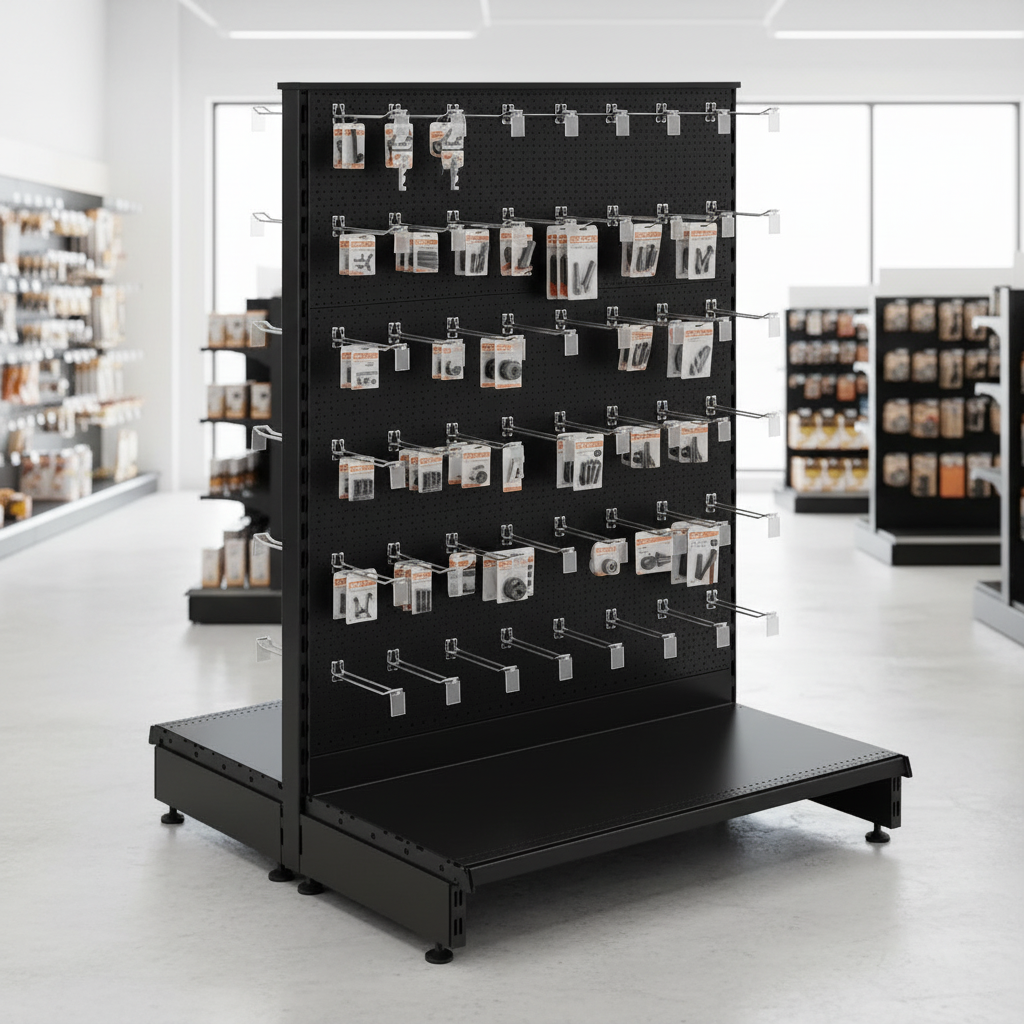 Black modular gondola unit with perforated panels in a hardware store lifestyle setting