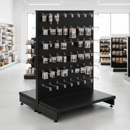 Black modular gondola unit with perforated panels in a hardware store lifestyle setting