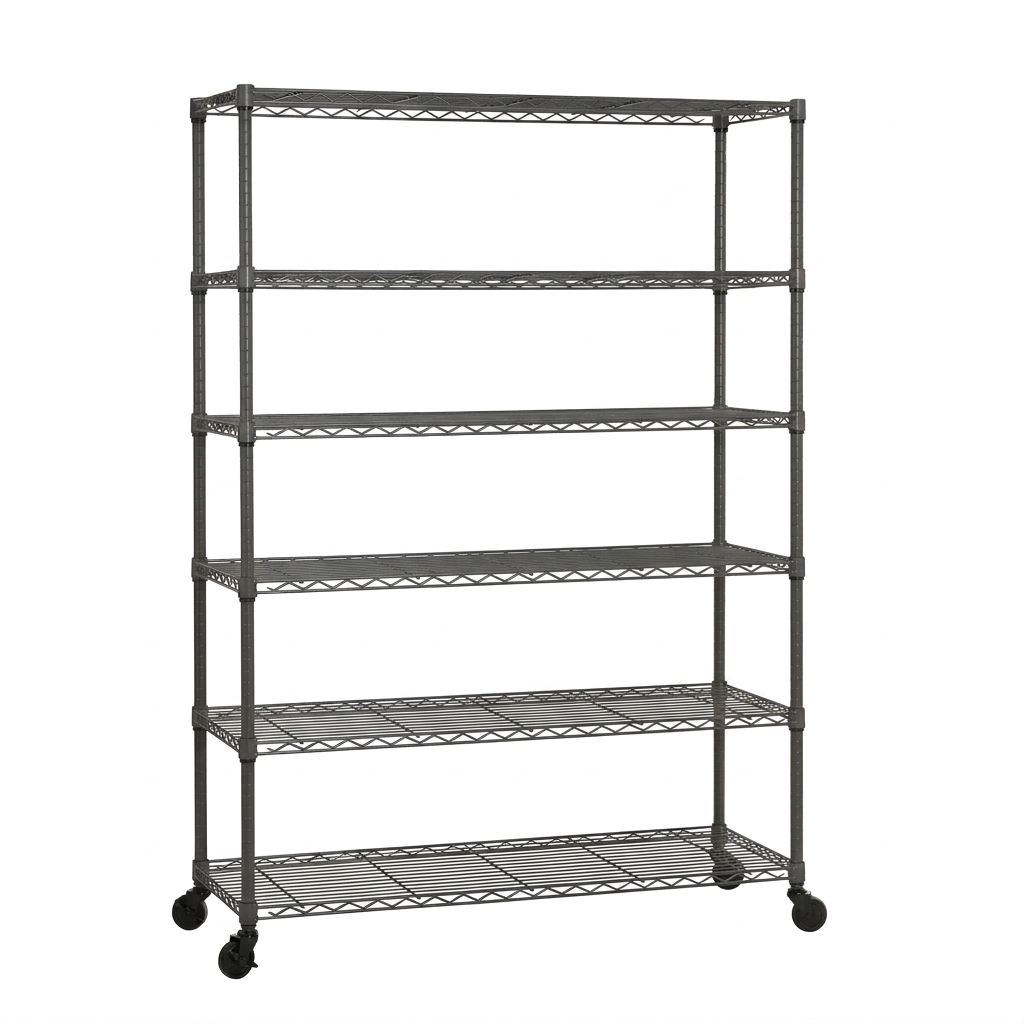 Six-tier mobile carbon grey wire shelving unit on a white background