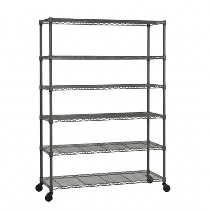 Six-tier mobile carbon grey wire shelving unit on a white background
