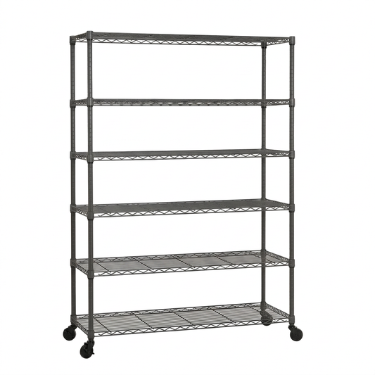 Six-tier mobile carbon grey wire shelving unit on a white background