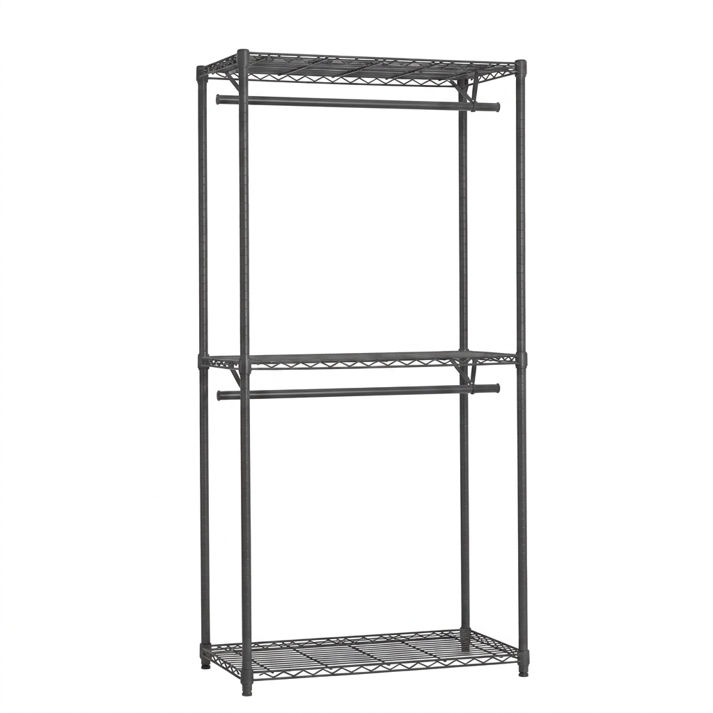 Carbon grey static wire clothes rack with two rails and three shelves on white