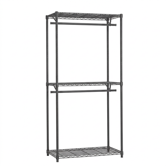 Carbon grey static wire clothes rack with two rails and three shelves on white
