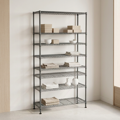 Eight-tier narrow carbon grey wire shelving in a minimal retail setting