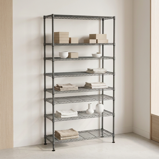 Eight-tier narrow carbon grey wire shelving in a minimal retail setting