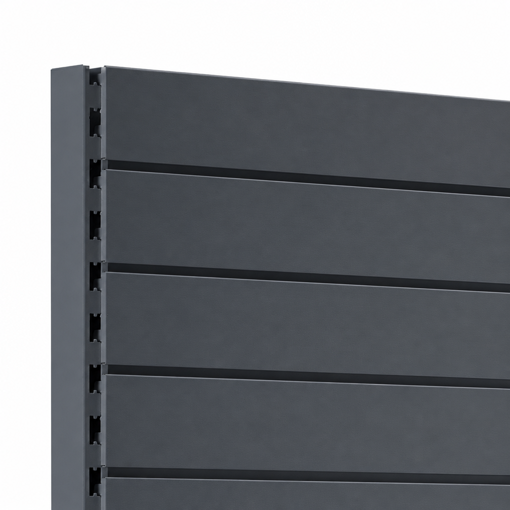 Dark Grey RAL 7015 horizontal slatwall panels and slotted upright detail.