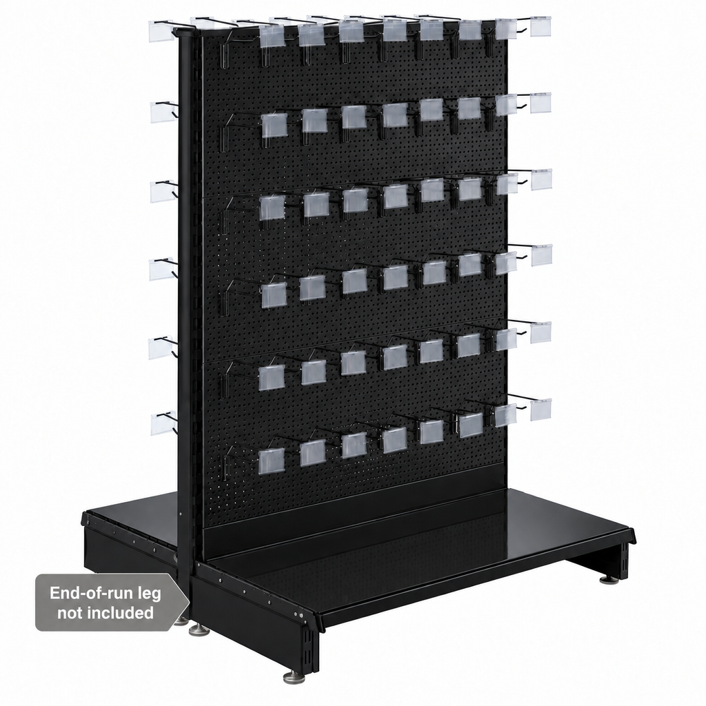Black Retail Shelving Modular Gondola Unit - Perforated Back Panels, Single Arms, Tickets Holders