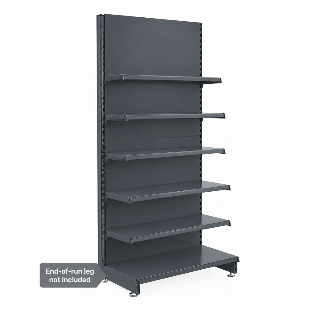 Dark grey shelving with five 370mm upper shelves and 470mm base shelf, including solid dark grey back panels. End-of-run leg not included.