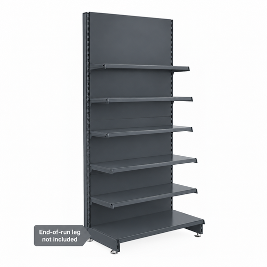 Dark grey shelving with five 370mm upper shelves and 470mm base shelf, including solid dark grey back panels. End-of-run leg not included.