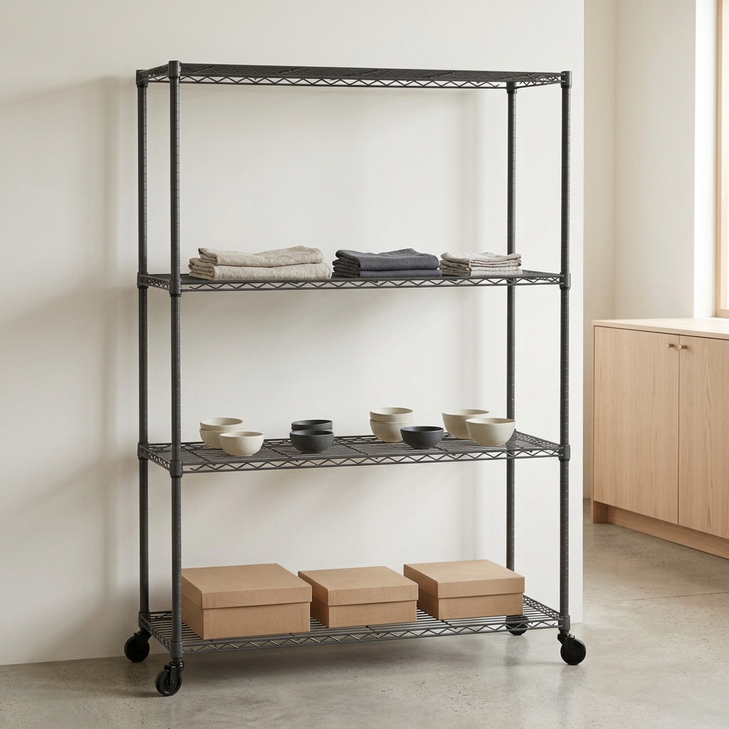 Wide four-tier mobile carbon grey wire shelving displaying homewares in a minimal modern retail setting