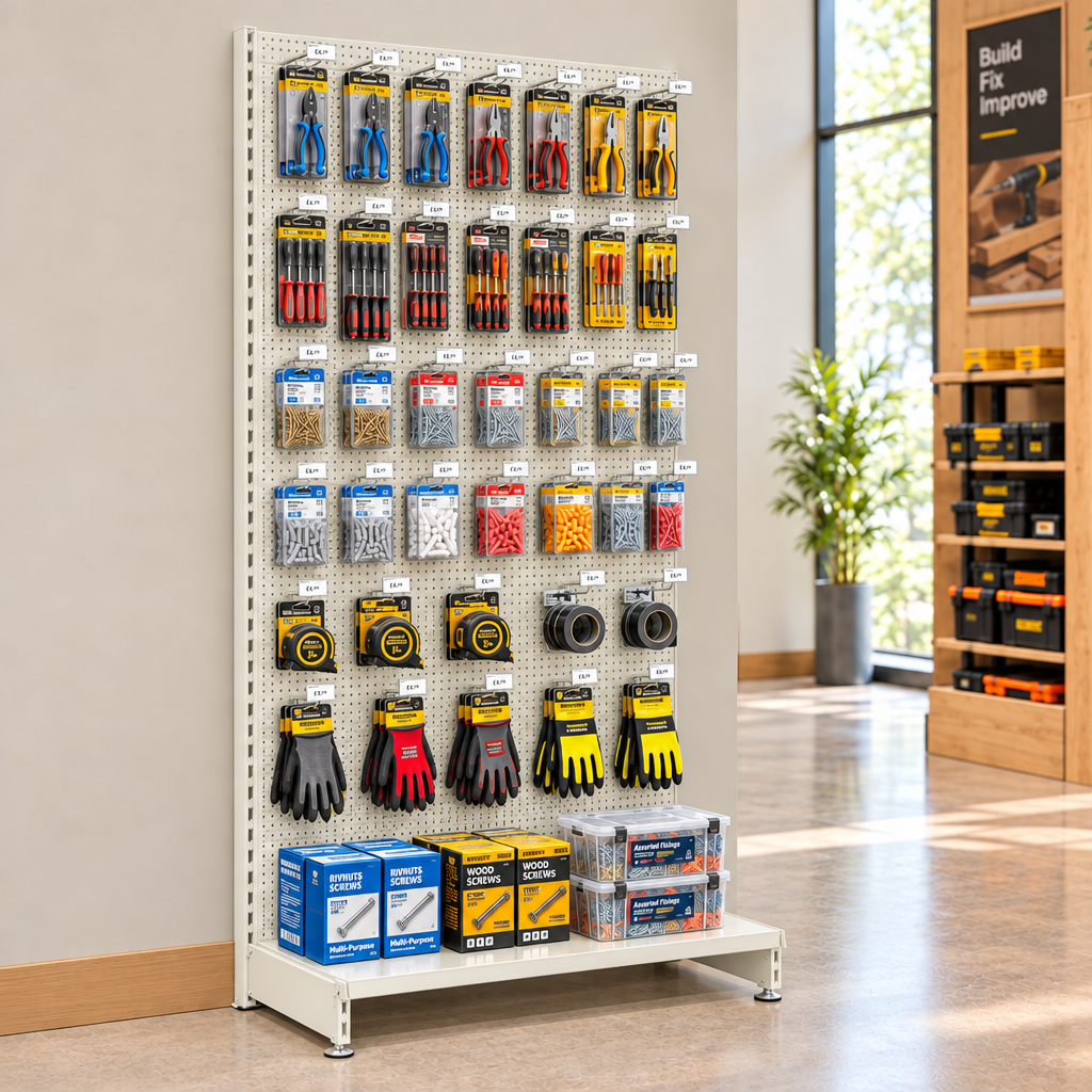 Lifestyle illustration of Jura White perforated wall shelving against a hardware shop wall. Merchandise and end-of-run support not included.