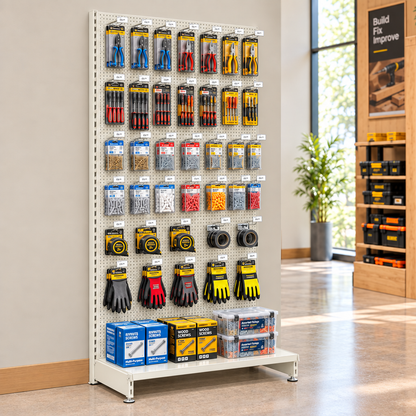 Lifestyle illustration of Jura White perforated wall shelving against a hardware shop wall. Merchandise and end-of-run support not included.