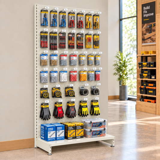 Lifestyle illustration of Jura White perforated wall shelving against a hardware shop wall. Merchandise and end-of-run support not included.
