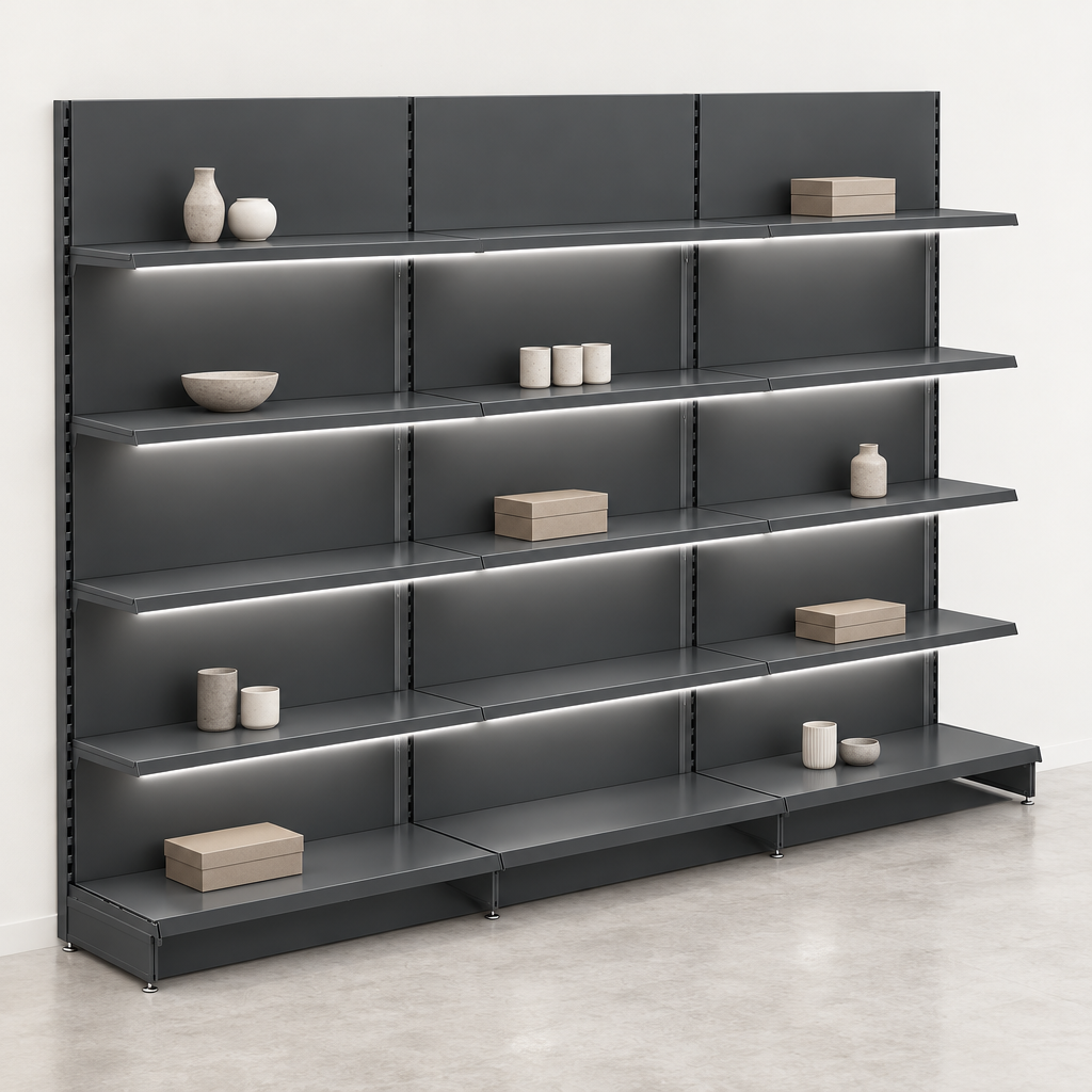 Dark grey LED-lit shelving in a minimal retail setting with sparse merchandising