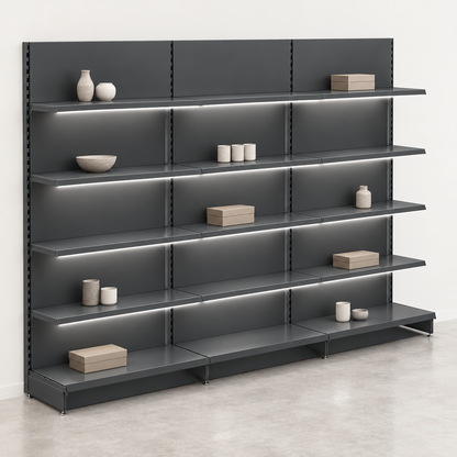 Dark grey LED-lit shelving in a minimal retail setting with sparse merchandising