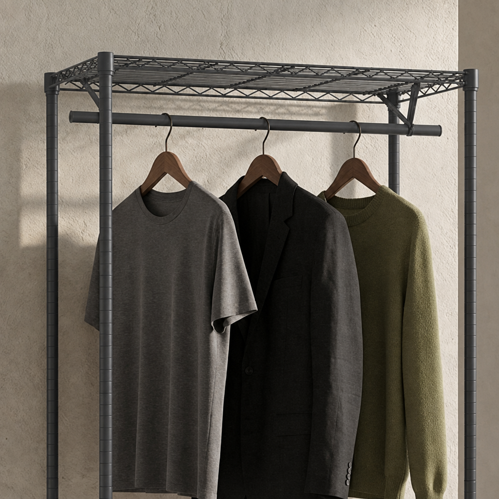 A carbon grey metal clothing rack with two shelves holding three wooden hangers with tops against a textured off-white wall.