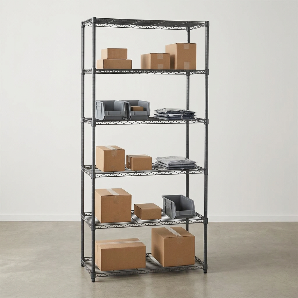 Six-tier narrow carbon grey wire shelving with stockroom supplies