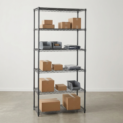 Six-tier narrow carbon grey wire shelving with stockroom supplies