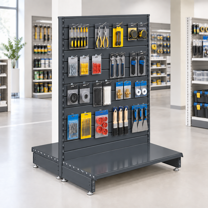 New lifestyle image of the dark grey slatwall gondola unit in a modern DIY or hardware store