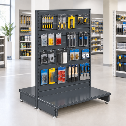 New lifestyle image of the dark grey slatwall gondola unit in a modern DIY or hardware store