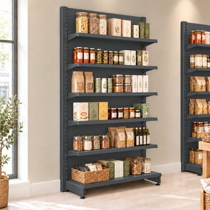 Lifestyle illustration of dark grey retail shelving including solid dark grey back panels in a modern shop. Merchandise, additional bays and end-of-run supports not included.