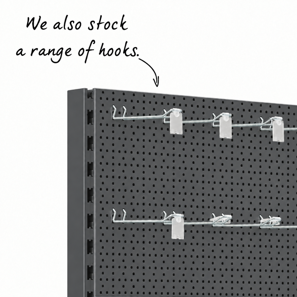 Dark Grey perforated shelving panel with metallic display hooks