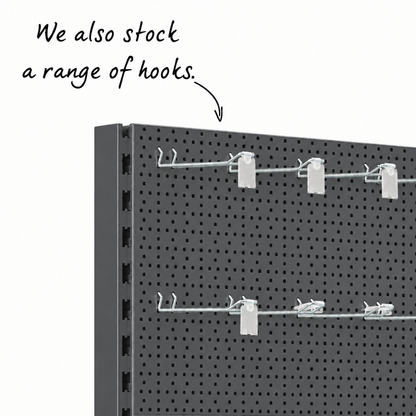 Dark Grey perforated shelving panel with metallic display hooks