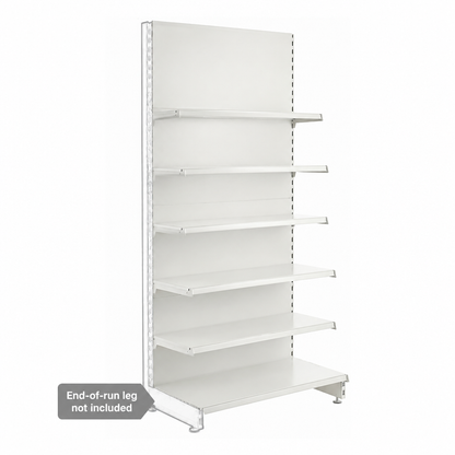 Jura White shelving with five 370mm shelves and a 470mm base shelf. End-of-run leg not included.