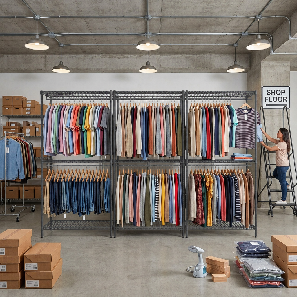 A large carbon grey metal clothing rack system with multiple tiers filled with colourful garments in a warehouse-style retail space.
