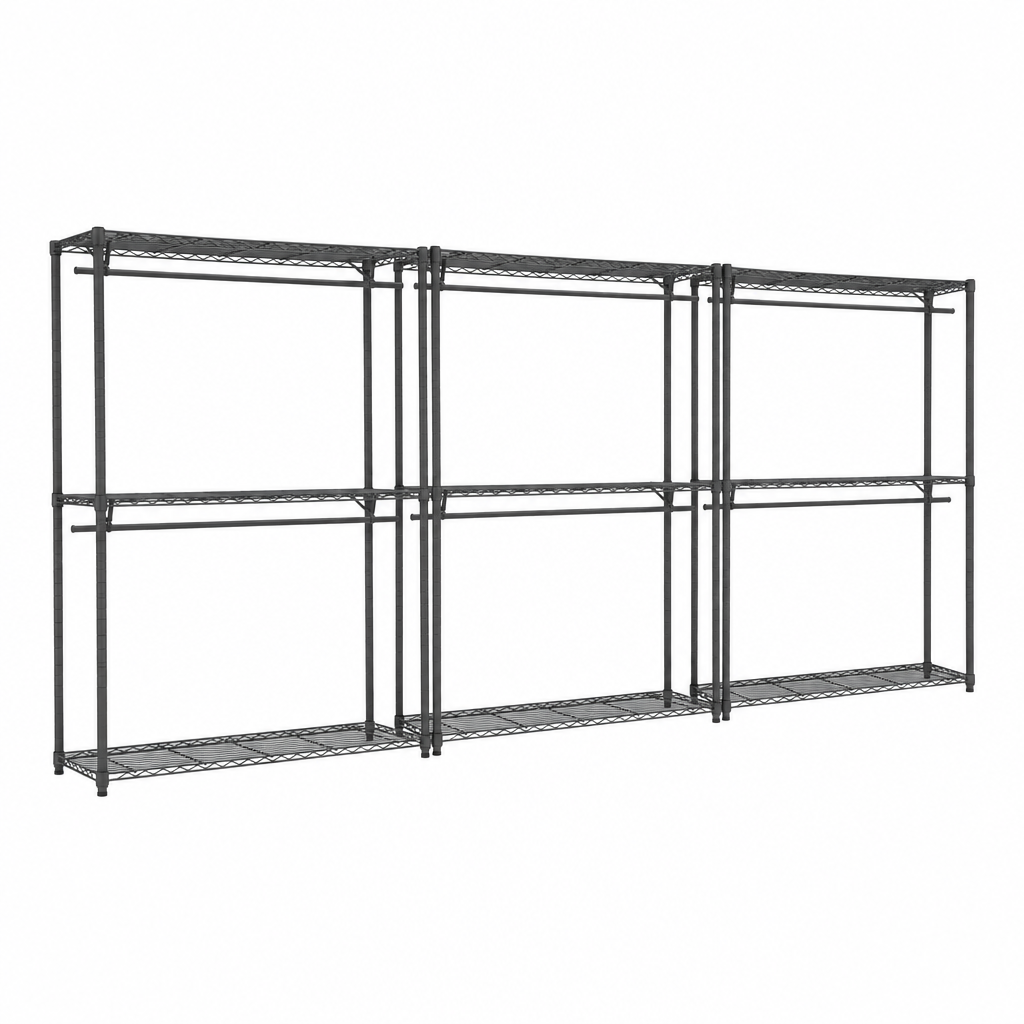 A carbon grey metal wire shelving unit with four vertical columns, two adjustable shelves and a bottom wire tray on a plain white background.