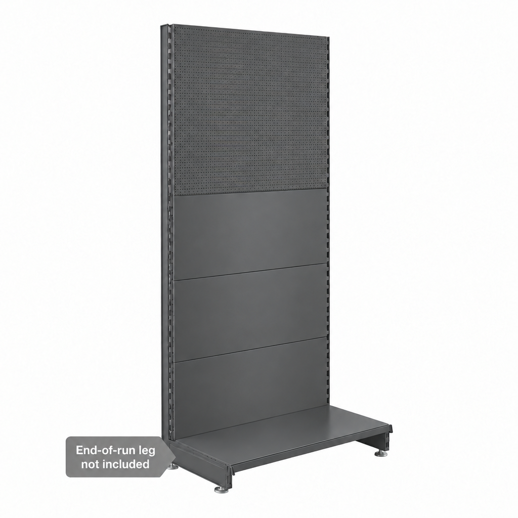 Dark Grey modular wall unit with plain and perforated panels and a base shelf
