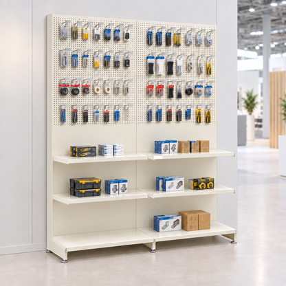 Jura White two-bay trade display with seamless centre joins and clean end edges, stocked with packaged trade accessories
