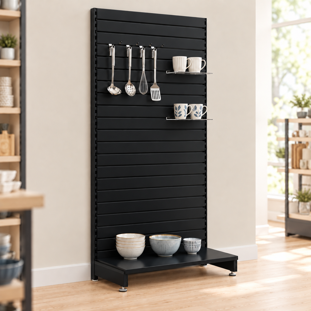 Black RAL 9005 slatwall wall unit in a kitchenware shop with optional accessories and separately supplied end-of-run leg.