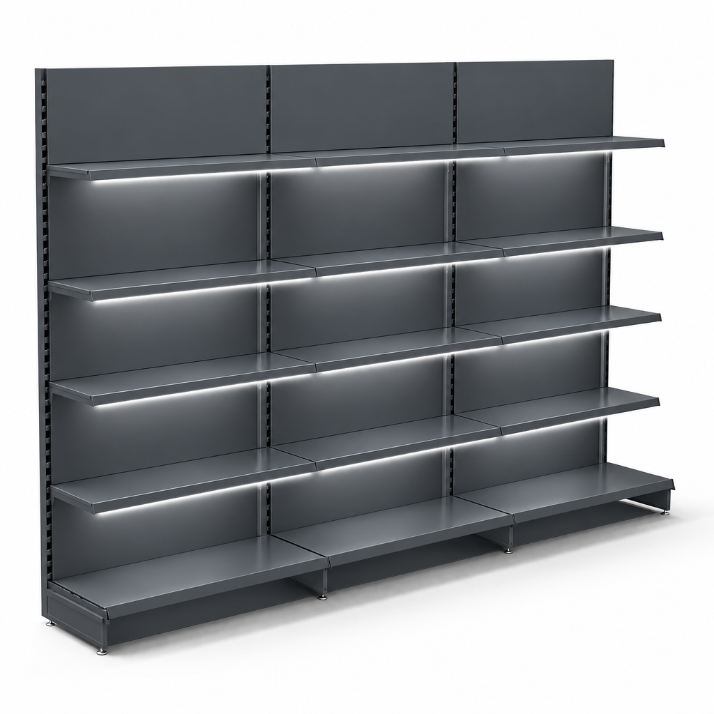 Dark grey three-bay retail wall shelving with LED lighting