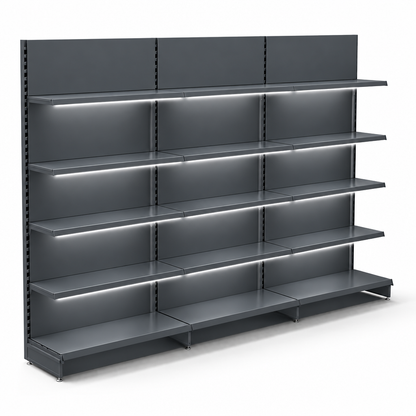 Dark grey three-bay retail wall shelving with LED lighting