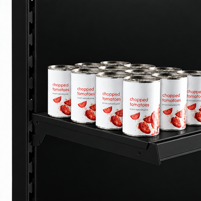 Black retail shelf and solid black back panels with canned goods, merchandise not included.