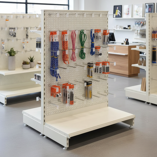 Jura white modular gondola unit with perforated panels and eurohooks in a retail setting