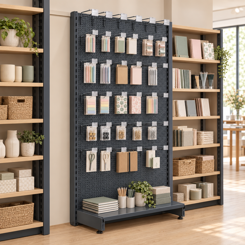 Lifestyle illustration of dark grey RAL 7015 perforated retail shelving with single-arm hooks in a stationery shop. Merchandise, adjoining shelving and end-of-run support not included.