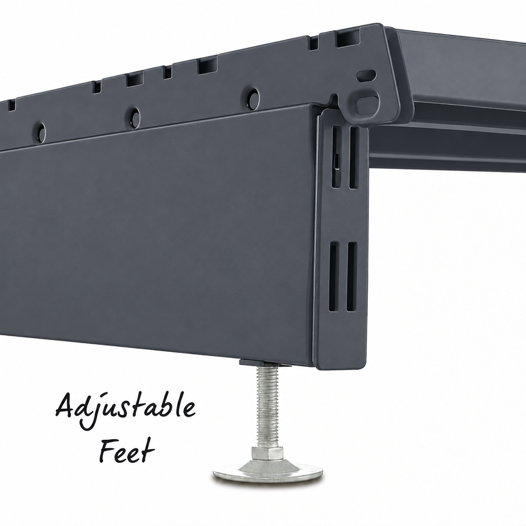 Dark grey base leg and shelf underside with metallic adjustable foot.
