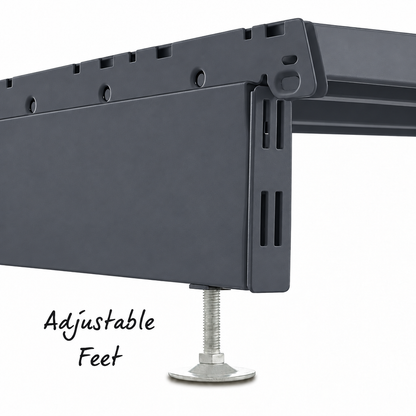 Dark grey base leg and shelf underside with metallic adjustable foot.
