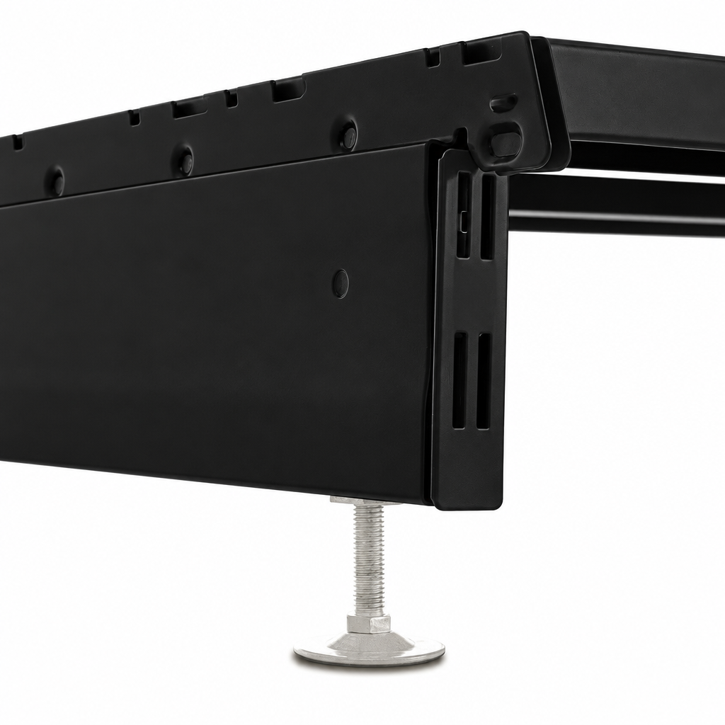 Black modular wall unit base leg and silver adjustable foot close-up