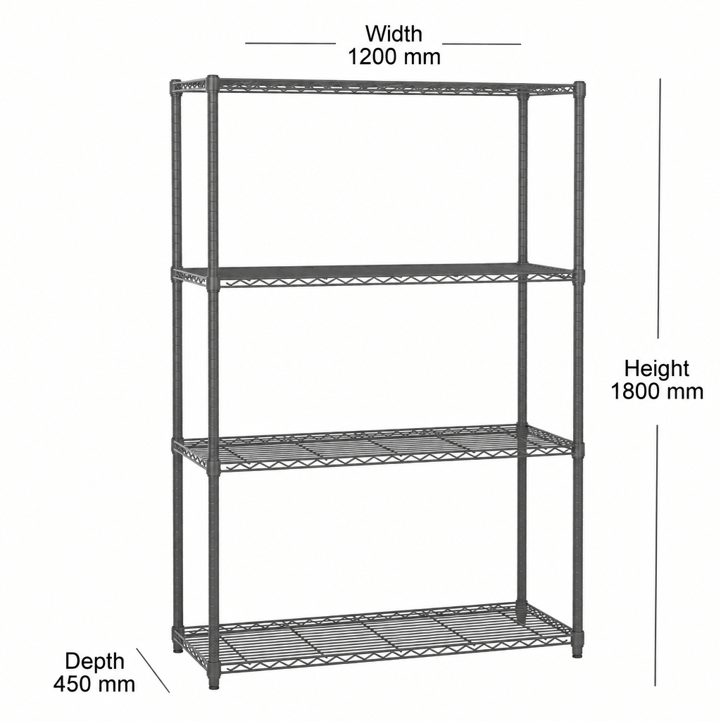4 tier carbon grey wire shelving unit - H1800 x D450mm