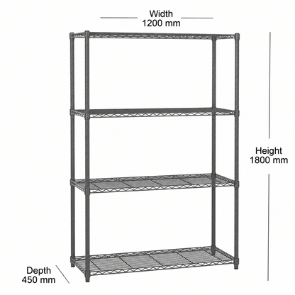 4 tier carbon grey wire shelving unit - H1800 x D450mm