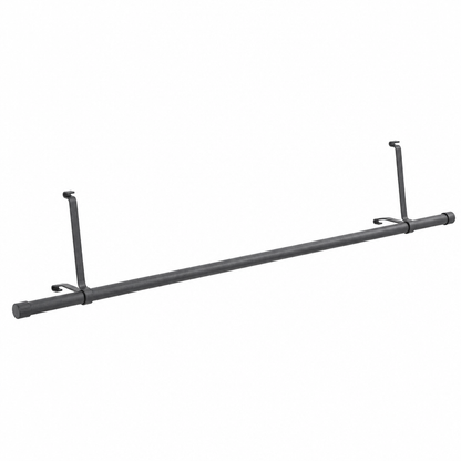 A carbon grey horizontal clothes rail with two vertical support arms and small hooks on a white background.