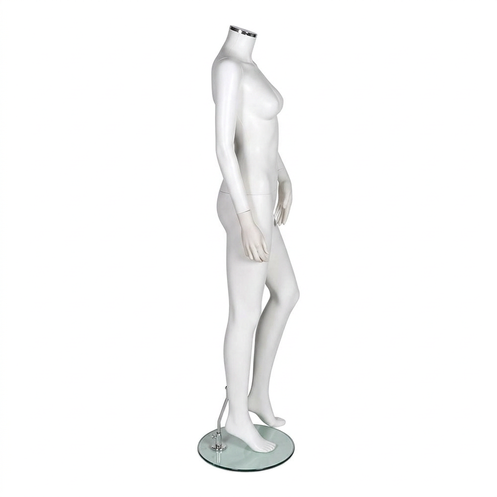 Zest 02 female matt-white headless mannequin on round glass base, side profile view