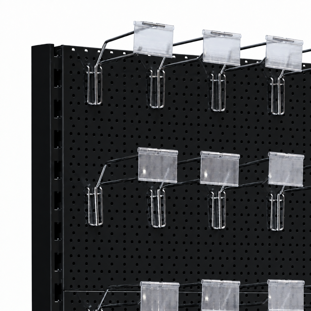 Black Retail Shelving Modular Gondola Unit - Perforated Back Panels, Single Arms, Tickets Holders