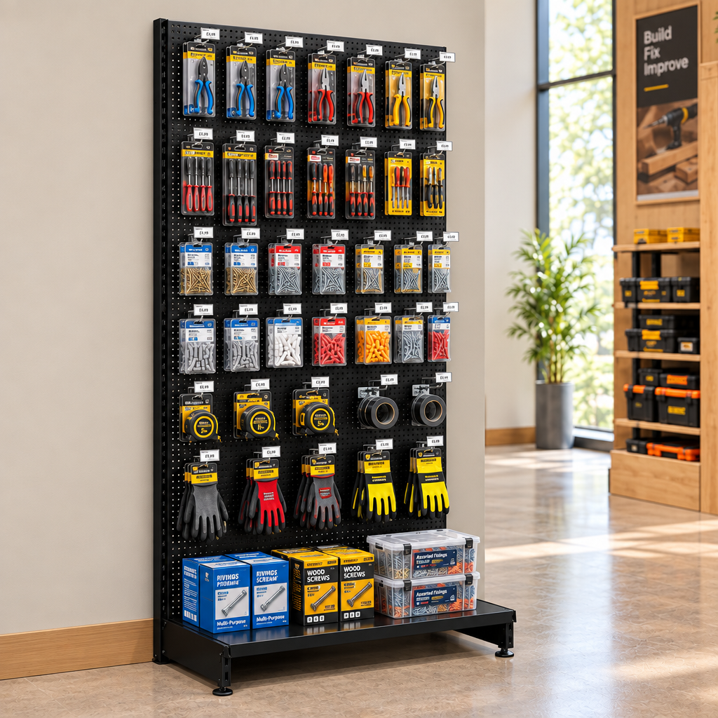 Lifestyle illustration of black perforated wall shelving positioned against a hardware shop wall. Merchandise and end-of-run support not included.